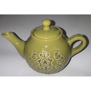 F.S.G. Ceramic Teapot w Lid & Infuser Classic Foliate Relief Avocado Green
